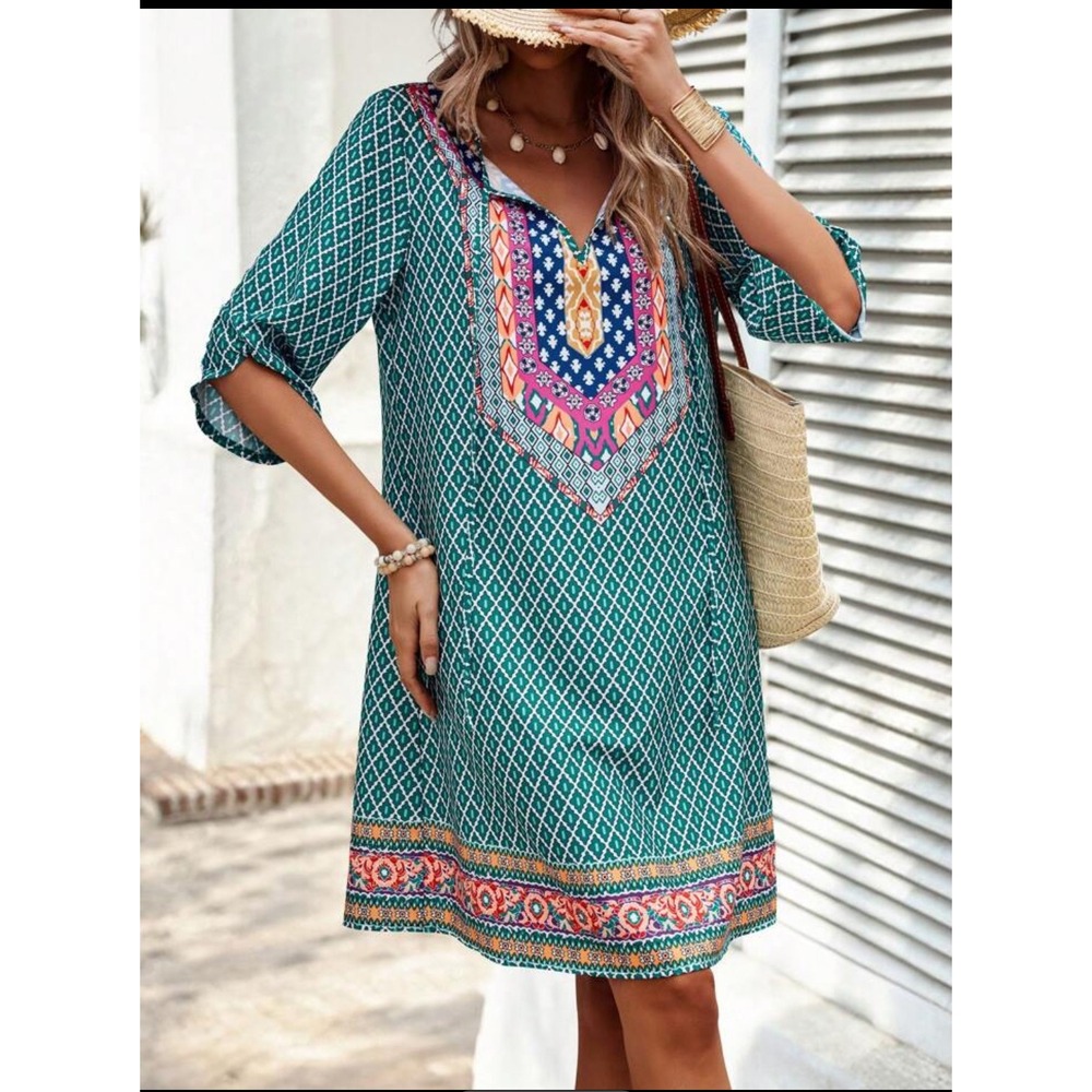 Women's Plus 0X‎ Geometric Bohemian Shift Midi Dress Ruched 3/4 Sleeve Peasant - Picture 2 of 9
